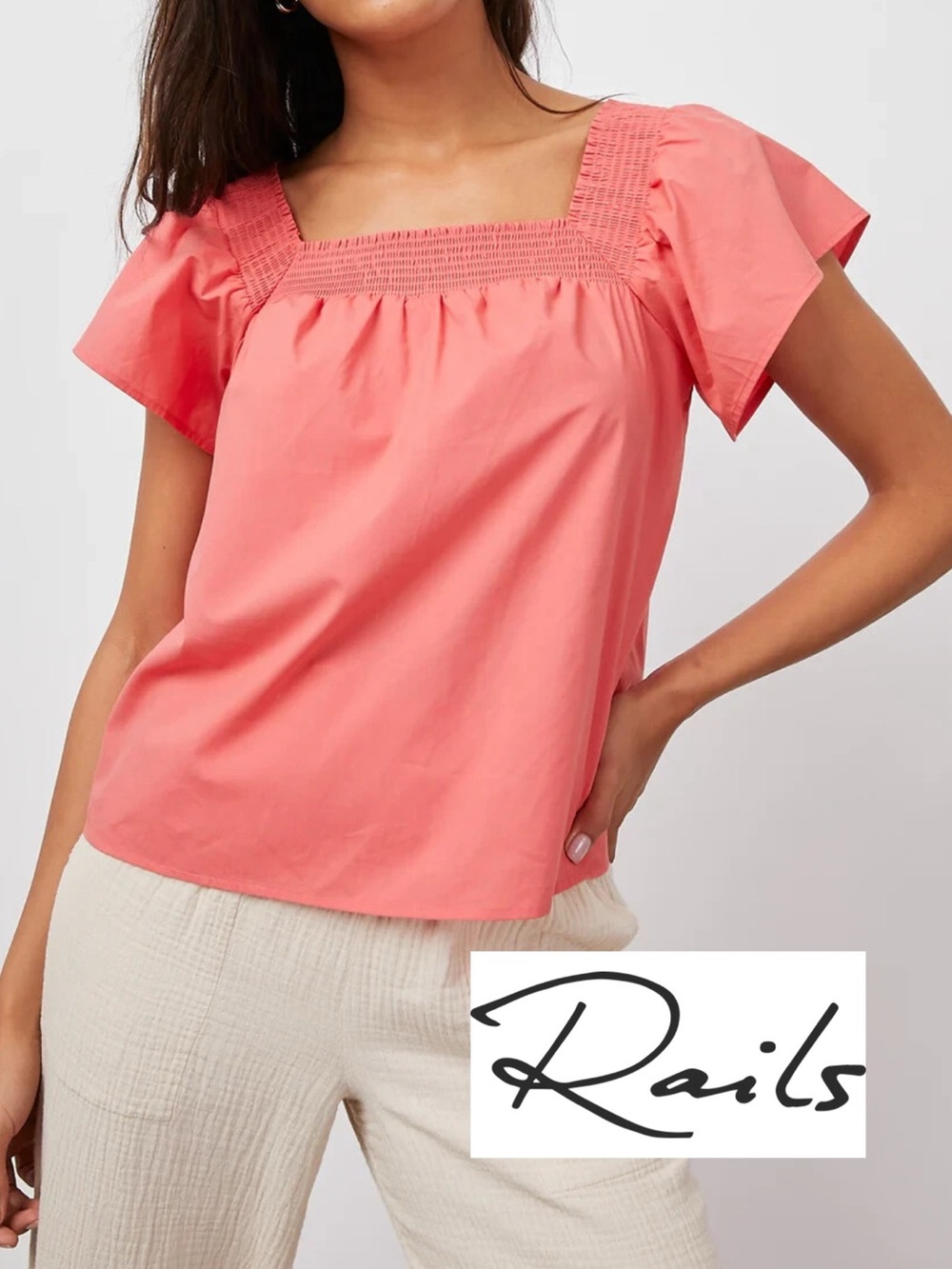 Rails Coral Pink Square Neck Cotton Top